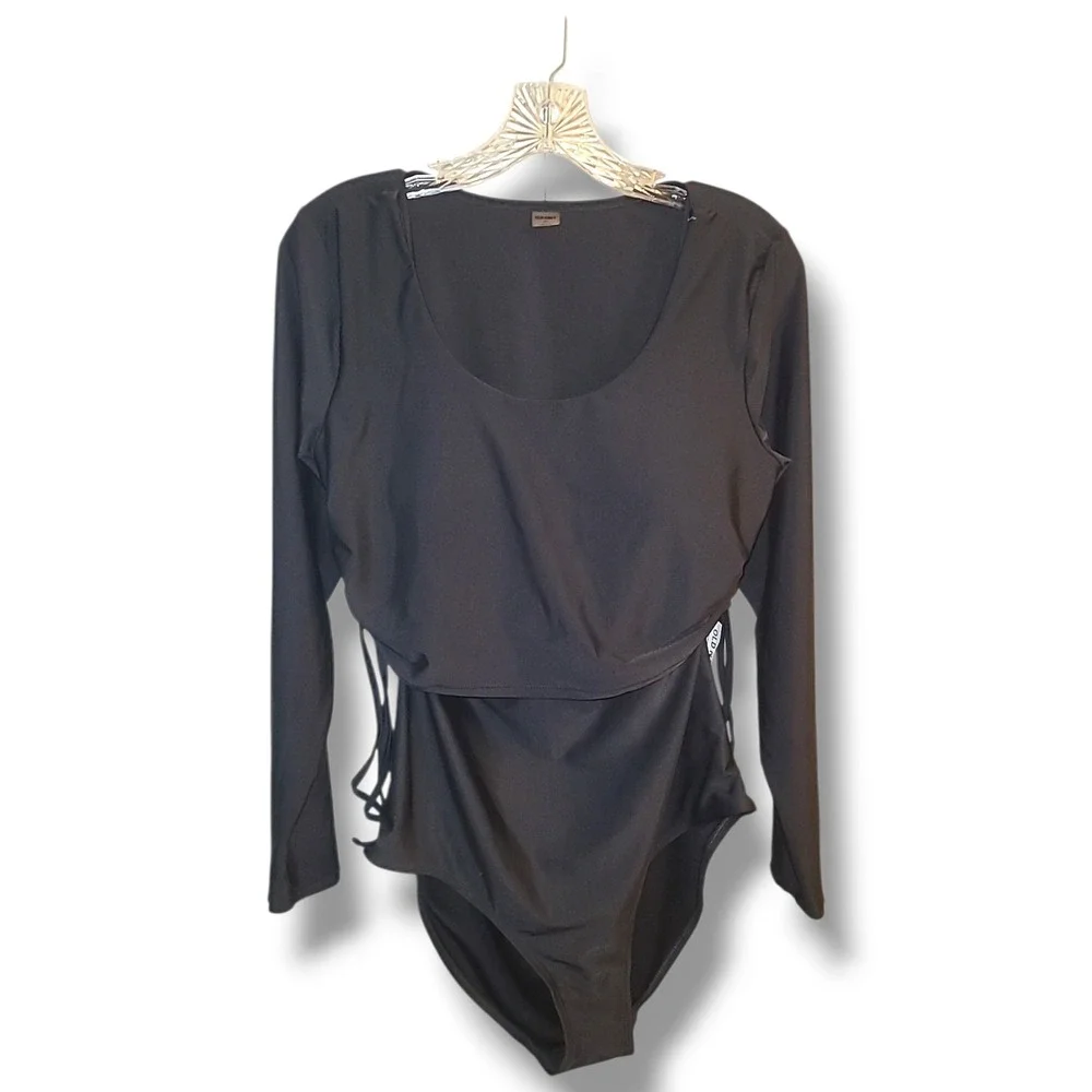 NWT Old Navy XL Black One Piece Swimsuit + Long Sleeve Side Tie Rash Guard